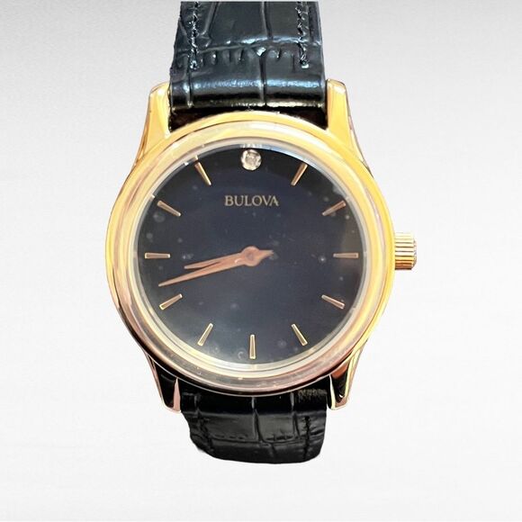 NWT Bulova Women\'s Diamond 30mm Gold Watch Black Dial Crocodile Leather Strap